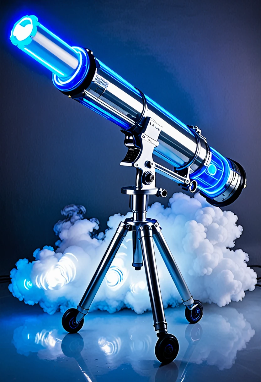 high tech silver cannon with neon blue lights that uses liquid nitrogen attached to the arm