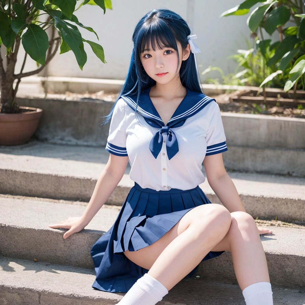 excellent work、High resolution、Highest level of image quality、16K、reality、1 beautiful young woman、1 girl、18 years old、student、Japanese school uniform、White sailor suit、Red ribbon、(Soft saturation:1.3)、(Light skin tone:1.2)、Full body facing the camera、18mm lens、F/8.0 aperture、Black hair、Double tail、Blue hair band、show whole forehead、Blue pleated skirt、(Mini skirt:0.001)、(extremely huge breasts:2.0)、Show your legs、Smooth legs