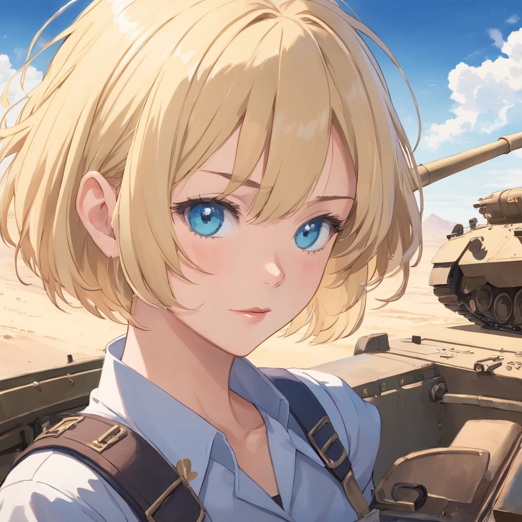 17 years old Women, ((Blonde)), ((Blue eyes)), ((Short hair)), ((Full shot)), very detailed makeup, pale pink lipstick, dressed in the uniform of a German tanker from the second Panzer division in the Second World War, leaning out of the turret hatch of a Panzer V panther, we see the entire tank, in the desert.