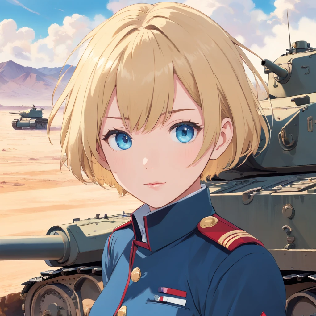 Women, ((Blonde)), ((Blue eyes)), ((Short hair)), ((Full shot)), very detailed makeup, pale pink lipstick, dressed in the uniform of a German tanker from the second Panzer division in the Second World War, leaning out of the turret hatch of a Panzer V panther, we see the entire tank, in the desert.