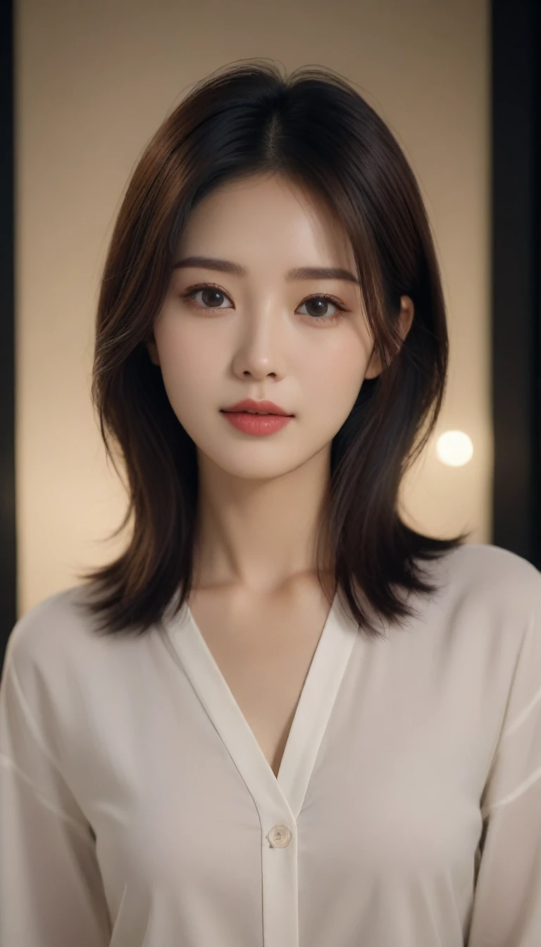 A close-up of a beautiful Korean woman, 29 inch breast size, wearing a long-sleeved shirt, skirt, elegant expression, Looking straight ahead at the camera, Leave a cup of coffee indoors in the apartment, bokeh background, night, short hair front view, UHD