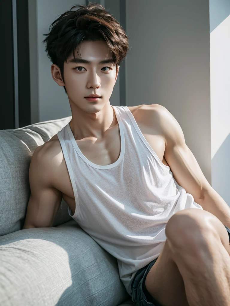 Best quality, High quality, A high resolution, 4K, Masterpiece, detailed face, handsome 29 year old korean man, tank top, he is now at home, full body
