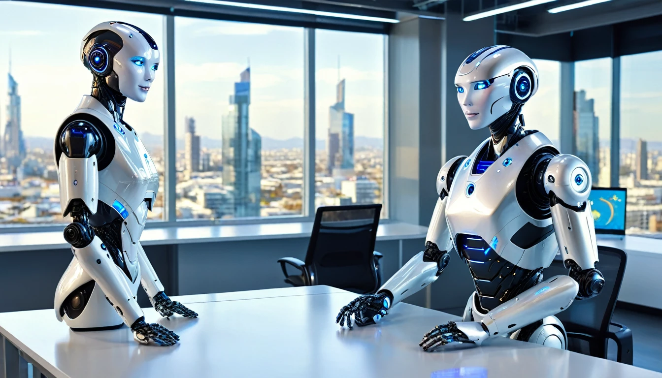 A sleek, humanoid robot in a futuristic office environment, interacting with employees. The robot is designed with a metallic finish and glowing blue eyes, standing next to a modern desk with holographic displays. Background includes high-tech equipment and large windows showing a cityscape with flying cars. (HD quality, realistic, futuristic, super details, super focus)