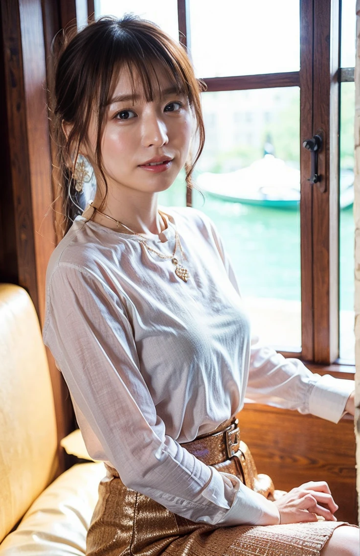 (Rim Light、A luxurious white shirt and white panties、Hair tied up、Woman riding a gondola in Venice、Woman toasting with a red Venetian glass:1.4).Woman in a gondola in Venice、Light brown hair、Elegant hairstyle、Blue Eyed Woman、A woman with a cute upward gaze、When the sky gets dark、When the sun goes down the sky turns red、Tight clothing that shows your body lines、、Elegant summer knitwear、Elegant summer sweater、Leather Belt、Short skirt、Dress elegantly着こなす、Luxury Bagedium Shorthair:1.4))、The sun shines on her、Light brown hair、Light brown hair、The sky was dyed red、There are clouds、private's cute、彼女のAmple breastsは服の上からでも明らかです.、輝く太陽はとてもbeautiful、Dusk is approaching、Lens flare、You can see the sunset、((Sunlight reflecting off the ocean、Ocean View、The sun shines on the ocean、'beautiful.、Small earrings、private'evening、Birds are also flying、、Brown Hair Color、Tying up hair、The woman is on the right:1.4))、Luxury Leather Belts、Shiny clothes、Light beige hair color、Background Blur、Braid only the front hair、Light brown hair、{{Cowgirl Shot}}、((Close-up shot from the waist up、Ample breasts:1.4))、にっこりsmile、Silk clothing、服からでも分かるAmple breasts、Braid only the front hair、Cowboy Shot、Gorgeous white collared silk shirt and brown skirt、Dress elegantly、Luxury Bags、素敵なsmile、((Ample breasts))、Full body photo、ring、Short skirt、Tuck your hair behind one ear、Silver Necklace、smile、 Elegant ponytail、Caustics、Highly detailed photos、Very beautiful and ideal short hair、Super no makeup、(8k、RAW Photos、Highest quality、masterpiece:1.2)、(Realistic、Realistic)、1 girl、((Medium Short Hair、Looking into the camera:1.4))、Hair blowing in the wind
