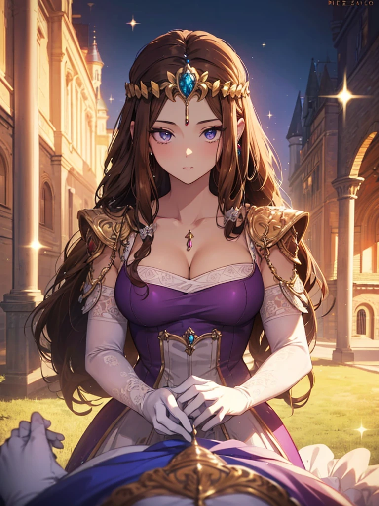 ((((POV)))),((Front face)),((Dark brown hair))Anime art style,masterpiece,(Highest quality), (Super detailed),(Very delicate and beautiful),(Detailed face and eyes),Beautiful eyes like jewels,(A truly gorgeous jeweled ruffled rococo ball gown dress),(((Mature Woman,Queen))),((Purple blouse)),((crinoline)),Absolutely gorgeous highly detailed rococo ball gown dress with ruffled voluminous full length hoop skirt,((Long Straight Hair)),(),Cleavage,(Fantasy Castle,Outdoor,Outside the castle),length_gloves,Very gorgeous hair ornament,Sparkling、A very gorgeous jewel-encrusted tiara,((Gorgeous Glitter Jewelry)),