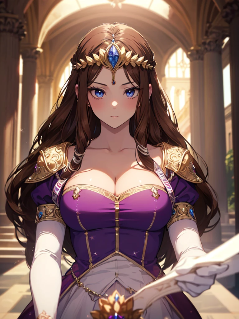 ((((POV)))),((Front face)),((Dark brown hair))Anime art style,masterpiece,(Highest quality), (Super detailed),(Very delicate and beautiful),(Detailed face and eyes),Beautiful eyes like jewels,(A truly gorgeous jeweled ruffled rococo ball gown dress),(((Mature Woman,Queen))),((Purple blouse)),((crinoline)),Absolutely gorgeous highly detailed rococo ball gown dress with ruffled voluminous full length hoop skirt,((Long Straight Hair)),(),Cleavage,(Fantasy Castle,Outdoor,Outside the castle),length_gloves,Very gorgeous hair ornament,Sparkling、A very gorgeous jewel-encrusted tiara,((Gorgeous Glitter Jewelry)),