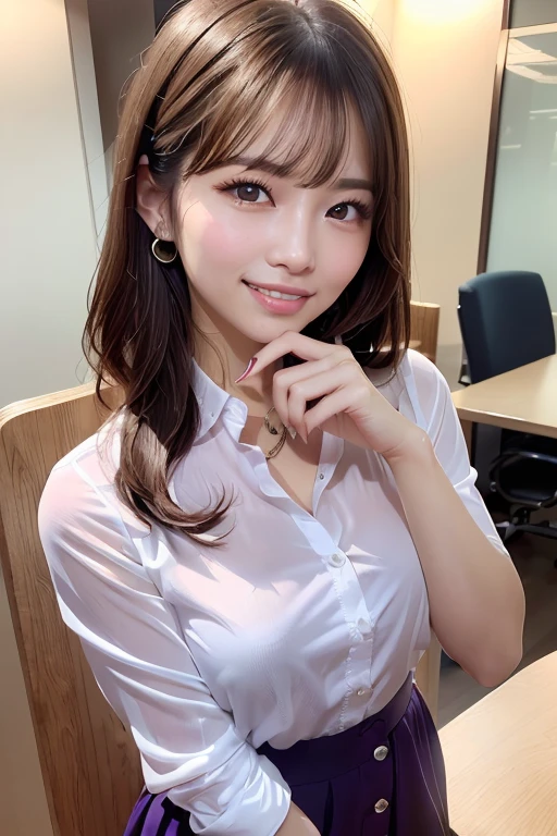 First Person View, (masterpiece:1.3), High resolution, Super detailed, Highly detailed CG Unity 8k wallpaper, Realistic, photo-Realistic, RAW Photos, Beautifully detailed face, Pale skin, Realistic glistening skin, Detailed cloth texture, Detailed hair texture, Perfect body, Beautiful Face, Accurate, Anatomically correct, Highly detailed face and skin texture, Natural neck length, (Beautiful Hands), (Fair skin:1.2), Thin legs, Thin legs,
break,
Fine grain, Symmetrical eyes, Light brown eyes, double eyelid, Thin eyebrows, (Glossy Lips:1.4), ((Smiling Kindly:1.2)), (blush:1.1),
break,
(Classy and cute girl:1.3), (elegant (Light purple) Button-down shirt:1.2), ((navy) Long skirt with irregular hem:1.2), Close button, (Long skirt),
Medium chest, (Slim figure:1.1), Toned Abs, Beautiful clavicle,
(Dark blonde hair, Wavy Hair, Long Hair:1.2), ((Asymmetrical bangs:1.2)),
break,
(Gently extend one hand and show the palm:1.2),
((In modern Japanese offices)), (Cowboy Shot:1.2), View your viewers, A view from a little below,Large Breasts、I can see her cleavage、Most of the buttons on his clothes are undone、Bra is visible、