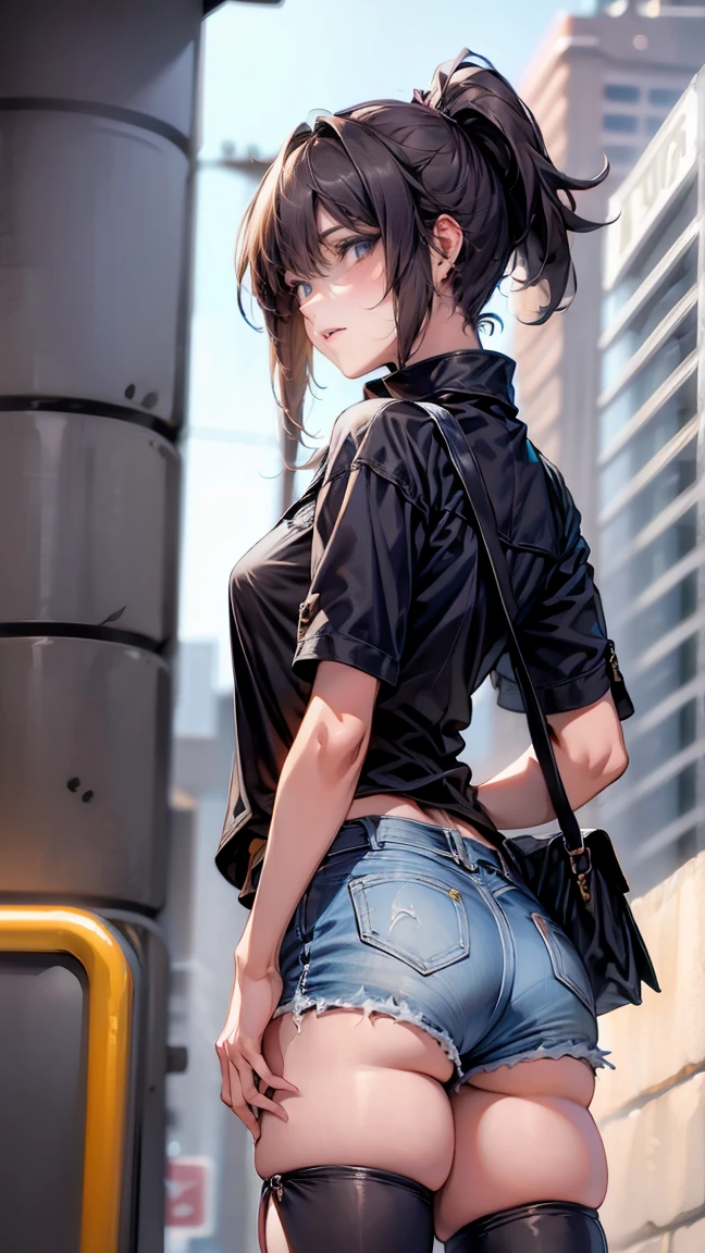 Cowboy Shot, a girls with their tops up and shorts down at the subway station, 1girl, shorts, high heels, denim, bag, ass, denim shorts, black shirt, from behind, thighhighs, shirt