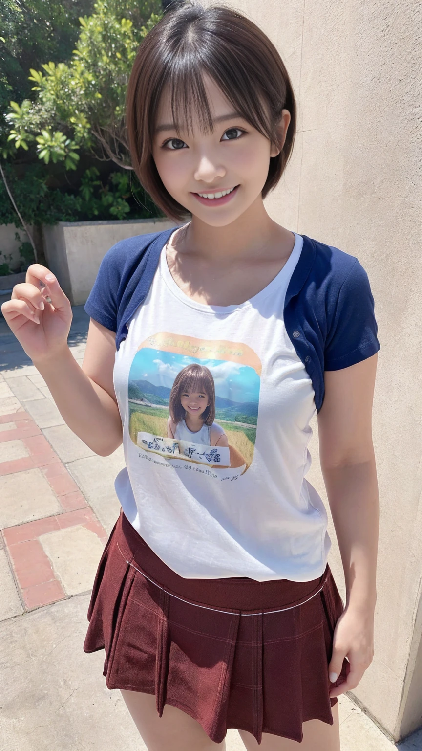 8k,((Highest quality)),Very detailed,((masterpiece)),Realistic, masterpiece, Highest quality, (Reality: 1.4), オリジナルphotograph, 35mm lens, Aperture f1.4,Light and shadow,girl,Real Skin, (Skin Details: 1.3),Corrects your fingers into a beautiful shape,Two beautiful arms,Real fingers with attention to detail,High quality skin,photograph,short hair,Age 25,((Big, wide eyes)),Voluptuous body,((Full Body Shot:1.3)),Ultra-high resolution,((Realistic: 1.4)), RAWphotograph,Beautiful colors,Backlight,Bright lighting,(Bright smile:1.5),One Woman,((T-Shirts)),skirt,snap shot,Portrait,