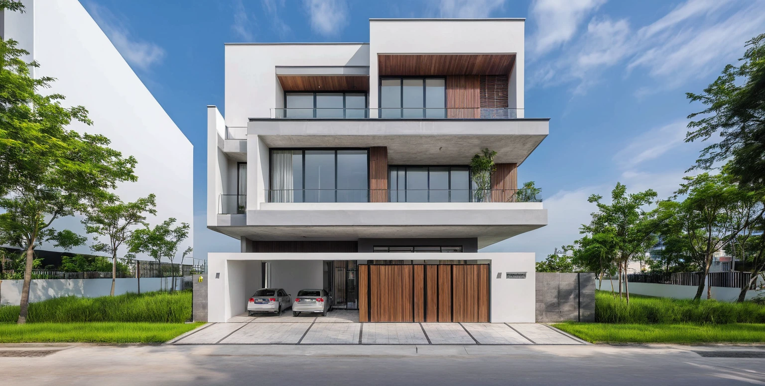Raw photo, modern style villa facade, central area, Vietnamese street, luxurious white tones, balcony with tropical plants, large glass area, stone wall, daylight, chic high detail: 1.2, 8k uhd, dslr, soft light, high quality, realistic, high quality, film grain, fujifilm xt3, ar 16:9


