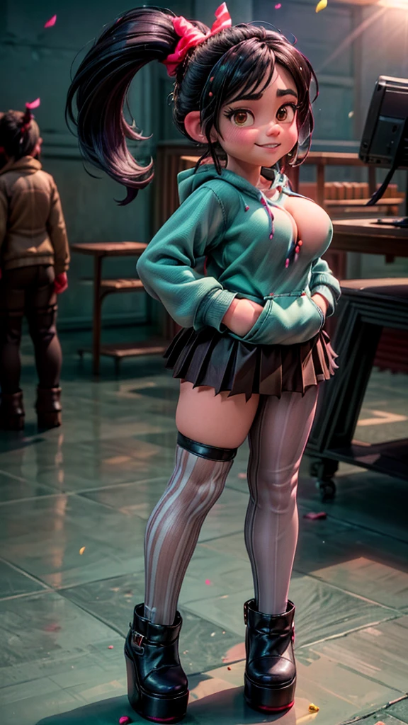 [Wreck_It_Ralph_Movie], ((masterpiece)), ((high quality)), ((HD)), ((beautiful portrait)), ((front view)), ((full body)), ((feet visible, visible feet, highly detailed feet, open-toed tall platform high heels, platform high heels)), ((beautiful background)), {vanellope von schweetz, black hair, red scrunchy, short ponytail, (candy in hair:1.2), (cute half-closed brown eyes), adult woman, beautiful legs, curvy hips, side-boobs, smug smirk, white teeth}, {(aqua sweatshirt), (brown tuffled skirt), (aqua striped pantyhose)}, {(standing on raceway), (hands in pockets), (looking at viewer)}, [Background: (racetrack), (confetti), (blue sky), (bright sun), (sun rays)]