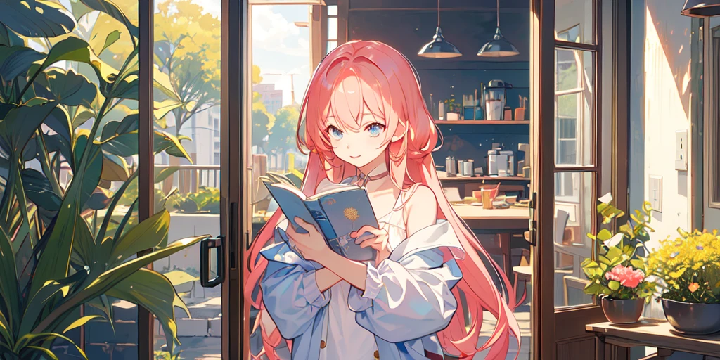 (masterpiece:1.2), best quality,Pixif,Warm animated scenes,cozy anime,indoor,通往Outside the door的走廊,Outside the door,close up