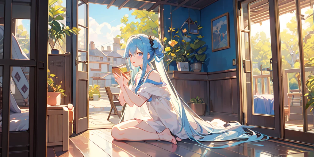 (masterpiece:1.2), best quality,Pixif,Warm animated scenes,cozy anime,indoor，通往Outside the door的走廊，Outside the door，close up