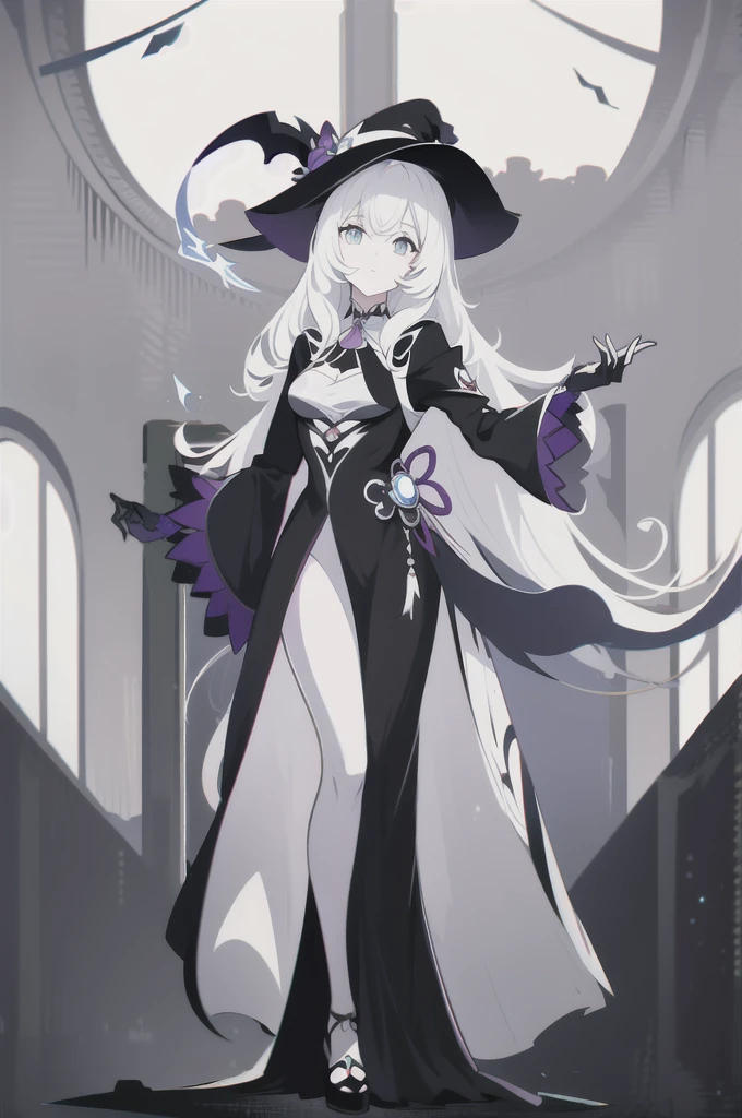 Anime - style image of a woman in a black and white suit., classical witch, fashionable dark witch, anime girl in black dress, Astral witch costume, witch girl, frivolous anime witch casting magic, symmetrical standing picture, black and white double eyes, Mysterious
