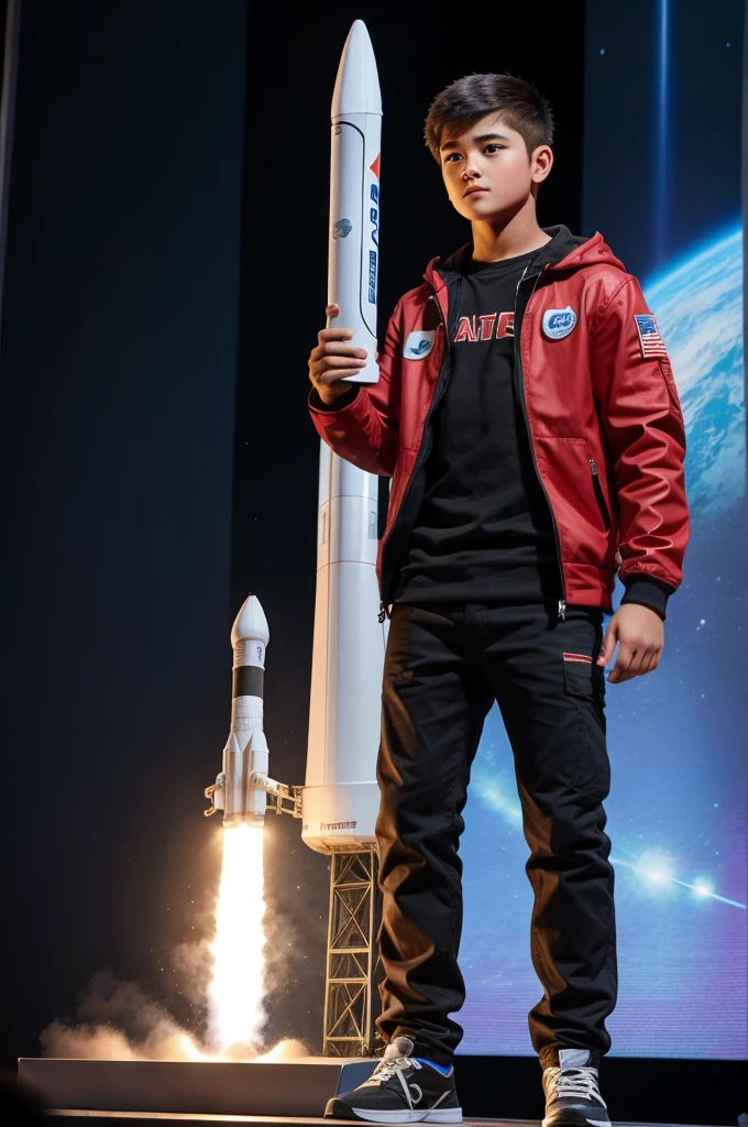 The stage boy presented the rocket modul taken to stand with speech