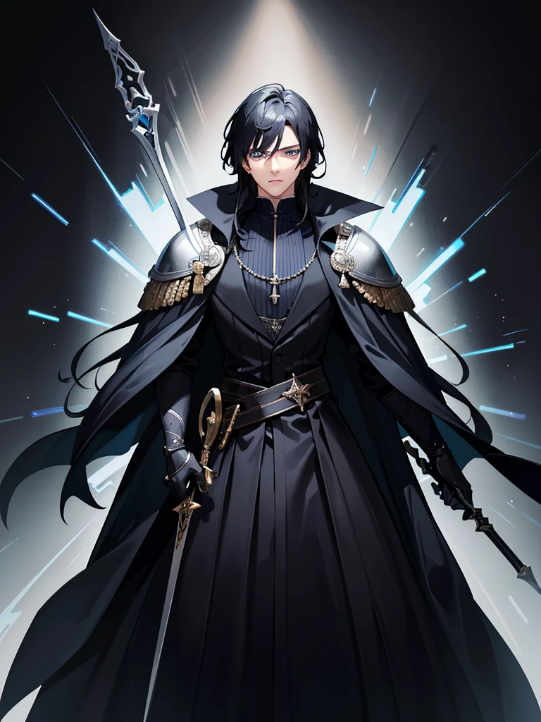 high resolution,(Masterpiece level:1.4),Awesome details,adult male black hair,blue eyes,The dignified expression of the nobleman,wearing a black coat,The robe had a silver pattern on it.,Handsome young man holding a sword,Picture quality up to 8K,Optimal color rendition,best shadow effect,Best quality graphics,full figure