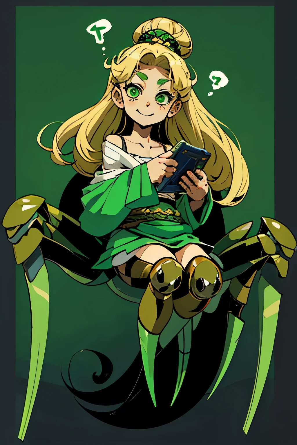 1girl, young, little, 6 years old, chibi, komusume, flat chest, blonde long hair, green clothes, green eyes, innocent expresion, smiling, arachnid style, spider body, background filled fumes, Tartarus scenery, in Tartarus, surrounded by giant greek columns, greek scenery and furniture, main character, hades style, Arachne, spider legs coming from her back