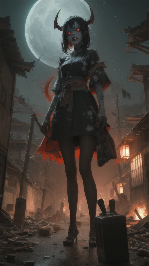 ((demon girl, horror)), broken architectures, ruins, grey
looking at viewer, standing,
(insanely detailed, beautiful detailed face, masterpiece, best quality) cinematic lighting, solo BREAK
outdoors, japanese ghost village, night sky, raytracing BREAK
by vergvoktre, dramatic, gritty, nightmare, intricate details, hyperdetailed, cinematic, dark shot, film grainy, soothing tones, muted colors, technicolor