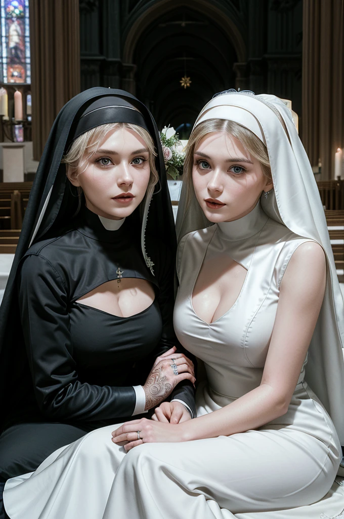 ((Mother and son getting married picture:1.5)), ((Ultra detailed photo of a ultra sexual incredibly gorgeous Ukrainian 32 year old sexy angelic supermodel mother nun bride dressed as nun in a gothic cathedral:1.5)), mystical lights, backlit, ((very detailed faces)), focus on face, (cleavage:1.5), ink lines, dynamic, modern, awe inspiring, whimsical, complex, dreamlike, magical, visually stunning, high contrast, soft colors