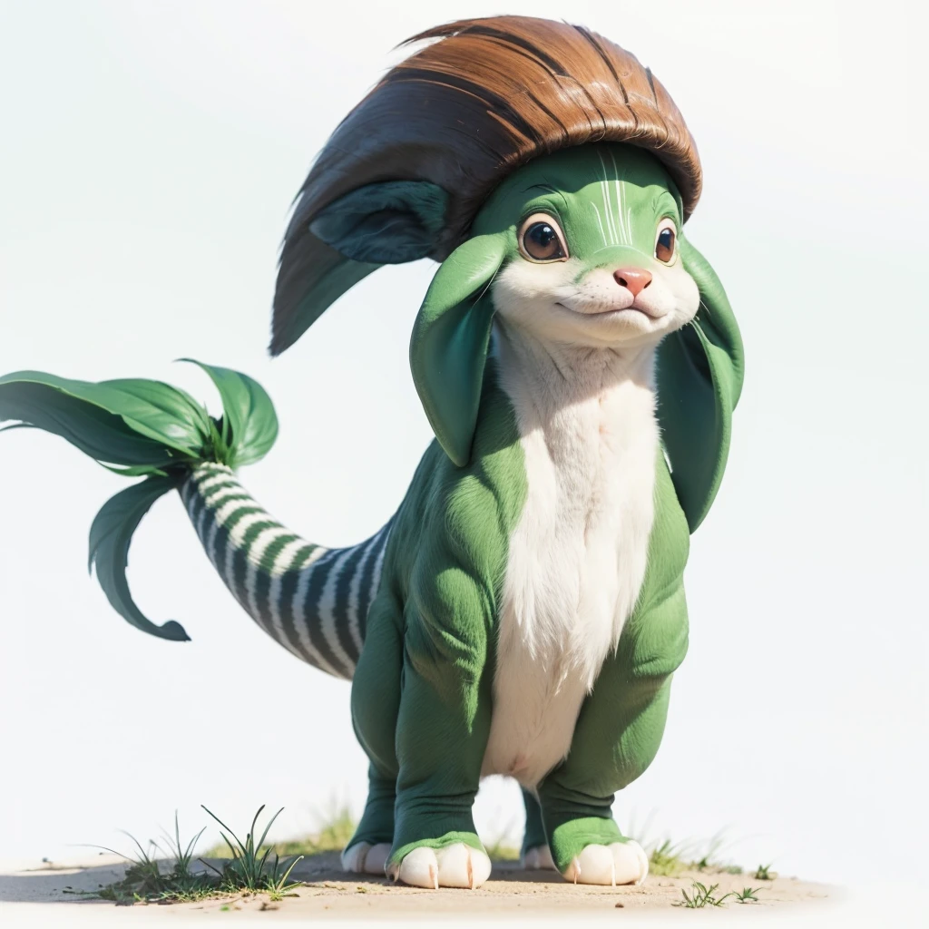 Small Animaly, (tall animal), has greens stripes on his skin, his body is shaped like a mammoth but his face is like a dolphins and a wind, Grassroots background 