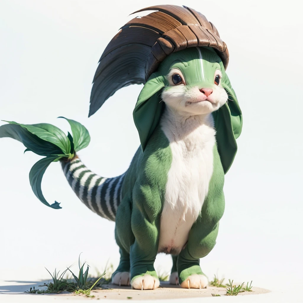 Small Animaly, (tall animal), has greens stripes on his skin, his body is shaped like a mammoth but his face is like a dolphins and a wind, Grassroots background