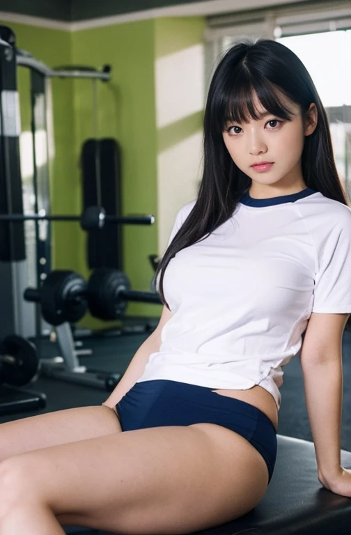 8k、High resolution、masterpiece、Realistic、In detail、Fine texture、Head-to-toe portrait、High Contrast、alone、high school girl、Natural body shape、White skin、Natural Makeup、Black Hair、bangs、Straight Long Hair、((School-designated gym clothes))((The upper body is long, White gym clothes with short sleeves.、The lower half of the body is a navy blue tight bloomer))、Sit with your legs apart、Big Breasts、、((The upper body is wearing gym clothes))、((School classroom))、Looking into the camera、、Full body photo、Focus on the groin、Exposing thighs、White shoes下、White shoes