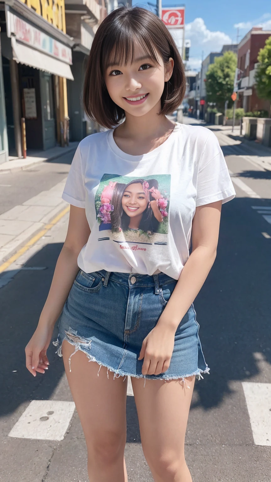 8k,((Highest quality)),Very detailed,((masterpiece)),Realistic, masterpiece, Highest quality, (Reality: 1.4), オリジナルphotograph, 35mm lens, Aperture f1.4, Movie Posters, Light and shadow,girl,Real Skin, (Skin Details: 1.3),Corrects your fingers into a beautiful shape,Two beautiful arms,Real fingers with attention to detail,High quality skin,photograph,short hair,Age 25,((Big, wide eyes)),Voluptuous body,((Full Body Shot:1.3)),Ultra-high resolution,((Realistic: 1.4)), RAWphotograph,Beautiful colors,Backlight,Bright lighting,(Bright smile:1.5),One Woman,((T-Shirts)),skirt,snap shot,Portrait,