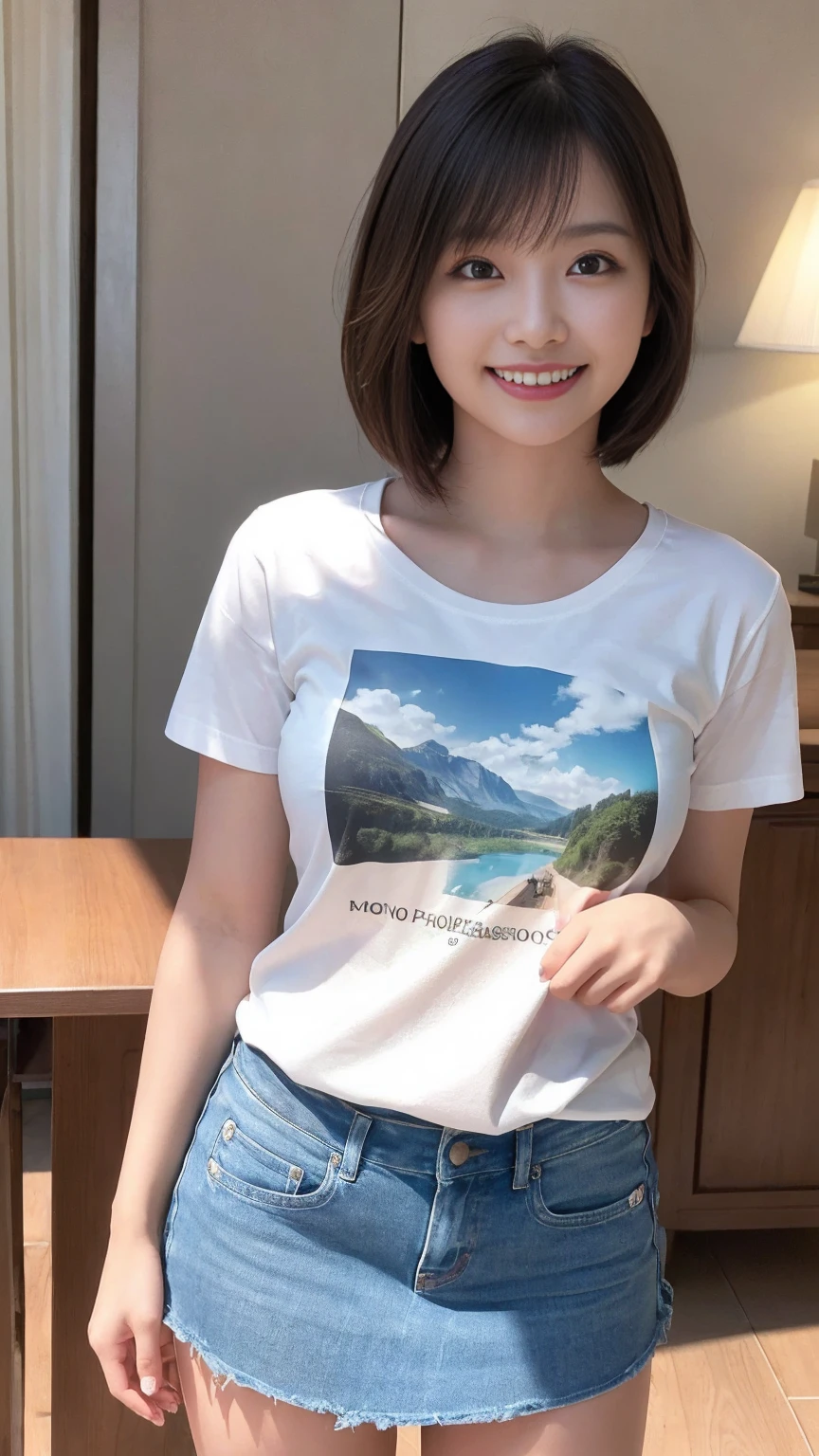 masterpiece , Highest quality , detailed, T-Shirts , (Kneel) , Show me your hands , Underarm , smile , whole body , room , indoor