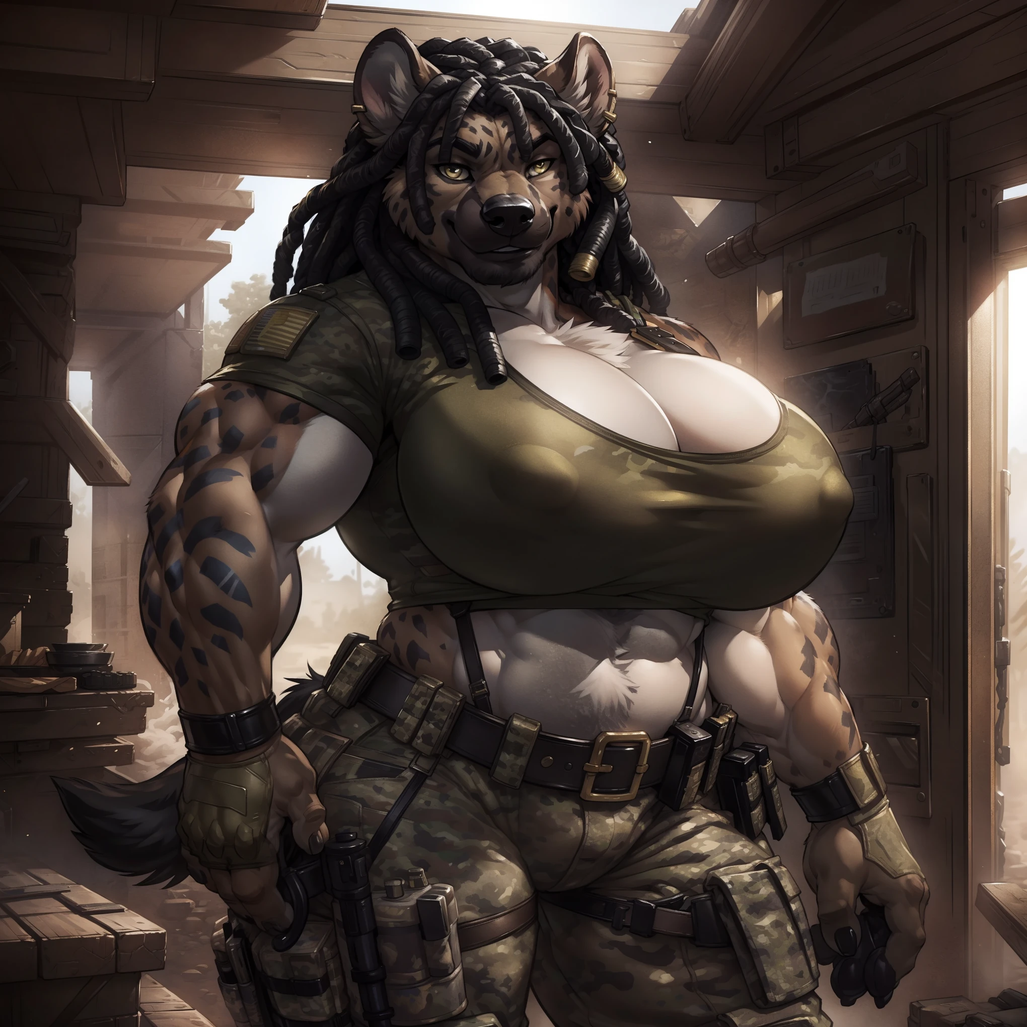 solo, 1girl, hyena, female, broad shoulders, stocky build, buff, muscular, large breasts, beige fur, spots, dreadlocks, black hair, gold eyes, highly detailed eyes, Amazon, powerful figure, wearing camouflage_uniform, (monochrome uniform:1.2), military camp, rolled sleeves, shirt, cleavage, standing upright, combat boots, full body, smiling, friendly, looking at viewer, realistic lighting, by darkgem, by wfa, by gideon,