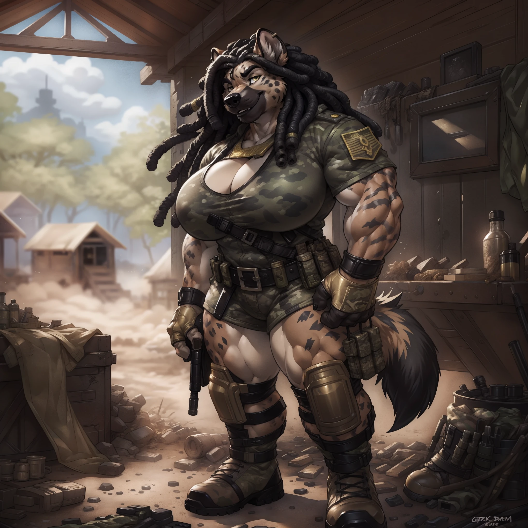 solo, 1girl, hyena, female, broad shoulders, stocky build, buff, muscular, large breasts, beige fur, spots, dreadlocks, black hair, gold eyes, highly detailed eyes, Amazon, powerful figure, wearing camouflage_uniform, (monochrome uniform:1.2), military camp, rolled sleeves, shirt, cleavage, standing upright, combat boots, full body, smiling, friendly, looking at viewer, realistic lighting, by darkgem, by wfa, by gideon,