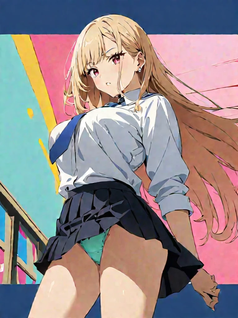 Highest quality,wonderful,finely,Very detailedな CG ユニティ 8k 壁紙、(Contemptuous Eyes、Glaring expression:1.4)、train、whole body, Exposing her huge breasts、(Sailor suit), (Random Color、See-through panties:1.5),,(Black Stockings:1.1),(Thighs:1.2),(From below:1.1)、(Highest quality:1.2, Anime artwork, Very detailed, High detail, digital coloring, High Contrast, masterpiece:1.2, Highest quality, Best aesthetics), (((kitagawa marin, 1 Girl))), Blonde, Straight Long Hair, Pink gradient hair, Red eyes, Earrings, White shirt, Black Choker, Blue tie, Check skirt, (Lift up the skirt:1.3)