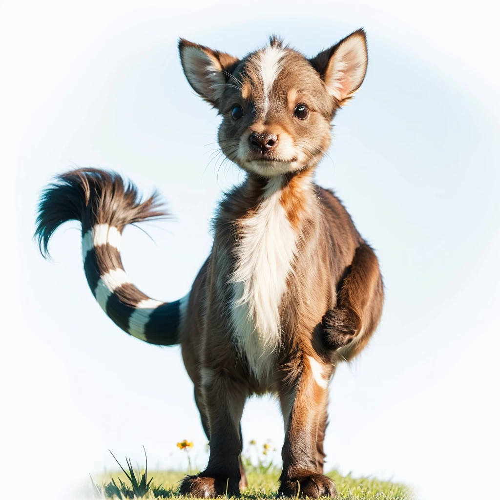 Small Animaly, (tall animal), has greens stripes on his skin, his body is shaped like a mammoth but his face is like a dolphins and a wind, Grassroots background 