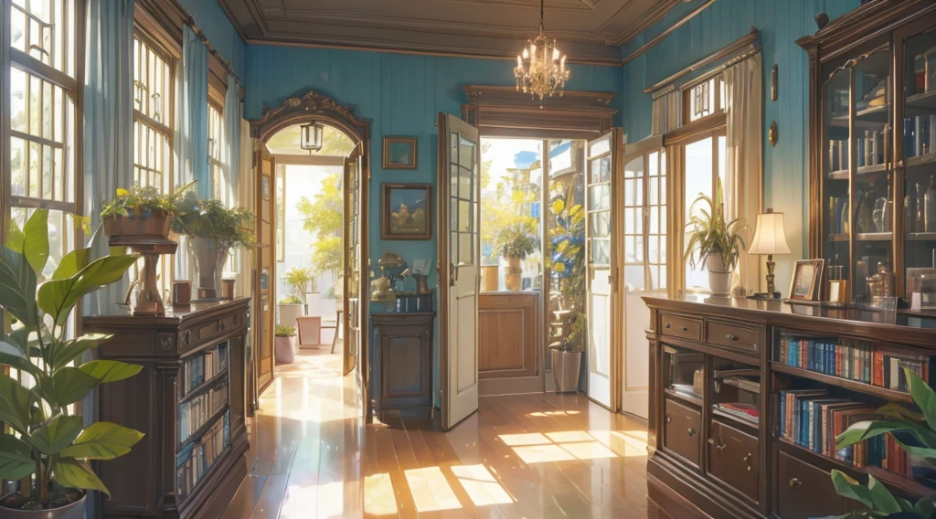 (best quality, 4k, 8K, high resolution, masterpiece: 1.2), Very detailed, (nobody: 1.5), Bedroom corridor, corridor, indoor，cozy indoor, lamp, bookshelf, Potted plants