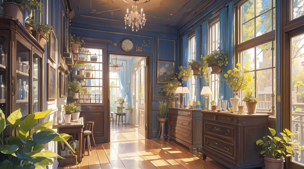 (best quality, 4k, 8K, high resolution, masterpiece: 1.2), Very detailed, (nobody: 1.5), Bedroom corridor, corridor, indoor，cozy indoor, lamp, bookshelf, Potted plants