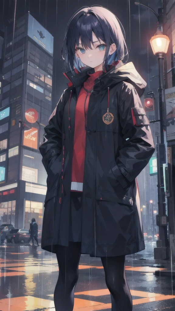 1girl,night city,rain,coat,hands in pockets