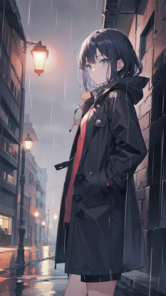 1girl,night city,rain,coat,hands in pockets