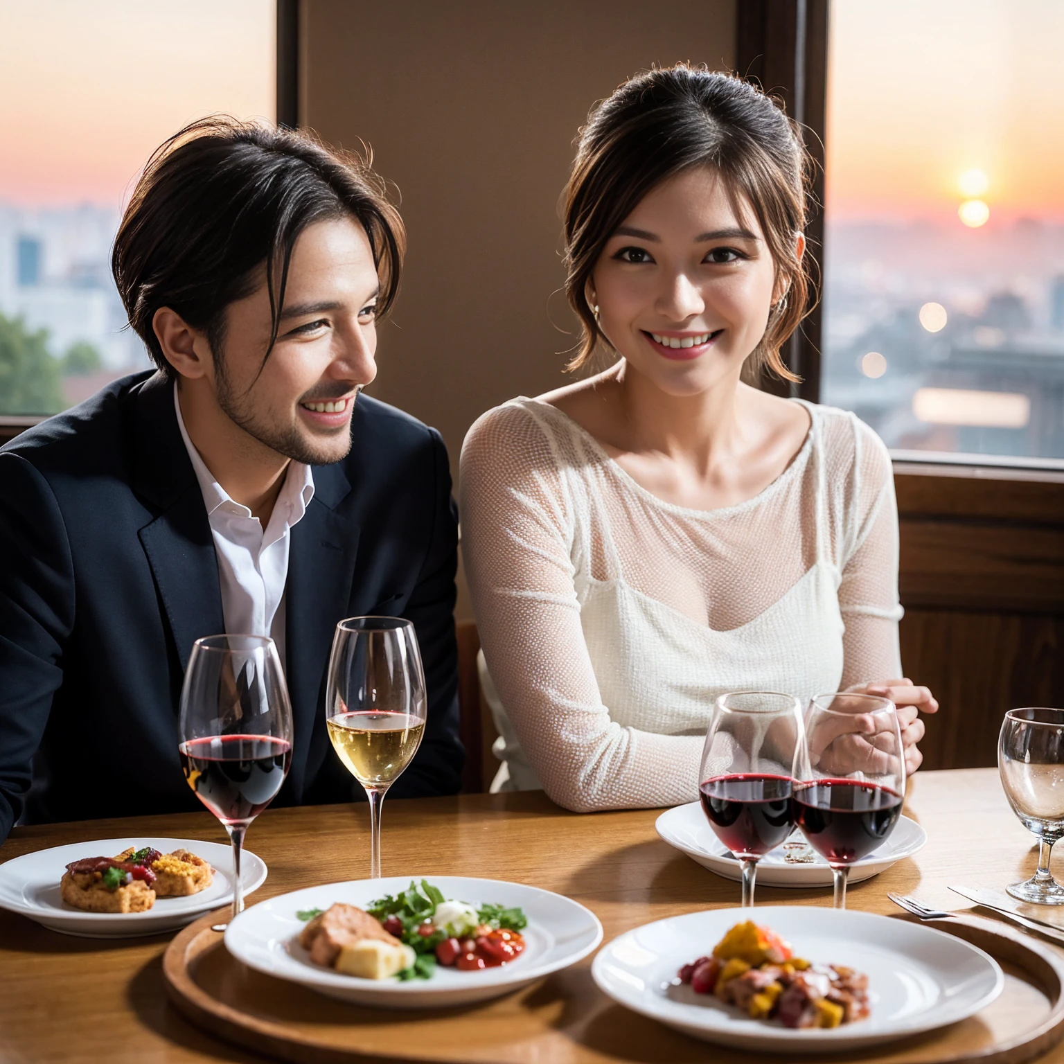 ((Highest quality、8k、masterpiece:1.3))、 (Genuineistic, Genuine、Bright image、Intricate details:1.2), Best smile 1 man 1 woman、Beautiful Couple、spouse、Couple、spouse、Beautiful Couple、Smile、full-course dinner、 (Slim face), (The body is slim), (Brown Hair), (short hair), テーブルの上のwine glass、Please shine a light on my face、 Amazing view of the sunset sky and clouds、 (age 34), 41 years old, red wine 、Appetizers、Wine bottle、sparkling wine、Long sleeve shirt、dress、White wine, red wine, wine glass,