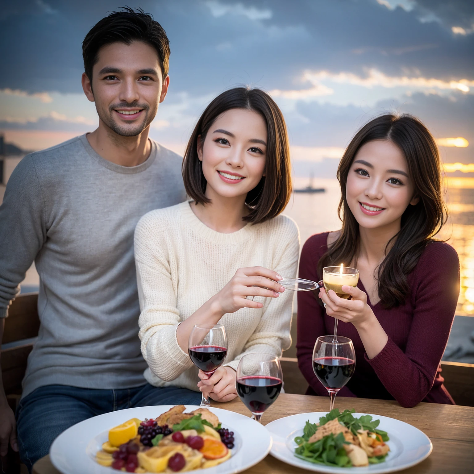 ((Highest quality、、masterpiece:1.3))、1 male 1 female、Slim lovers、Beautiful couple、Japanese couple、smile、 (Slim face), (the body is スリム), (Brown Hair), (Shortcuts), ((Bob Hale、Straight hair:1.2)), Full course dinner on the table、wine glass、Please shine a light on my face、 Amazing view of the sunset sky and clouds、smileの美しさ、Bright image、Blushing, Shortcuts,Bright Face、 43 years old,39 years old, red wine 、Appetizers、Italian food、Wine bottle、Champagne、sparkling wine、Long sleeve shirt、dress、Attractive beauty、restaurant, Nova Frog Style, actress, model, Upper Body, White wine, red wine, wine glass, 