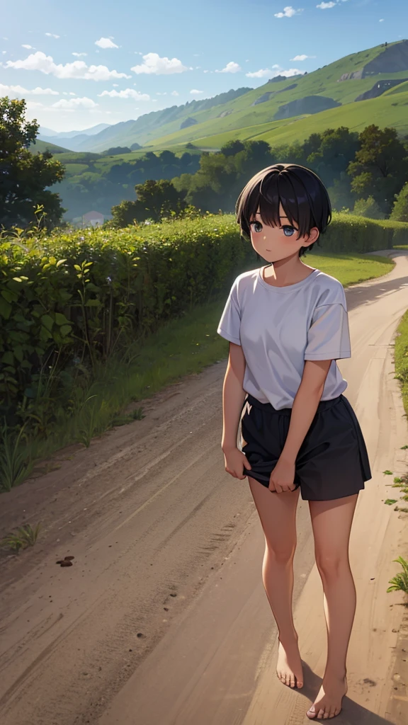 tomboy, young teen, barefoot, countryside, dirt road, shaved black hair,