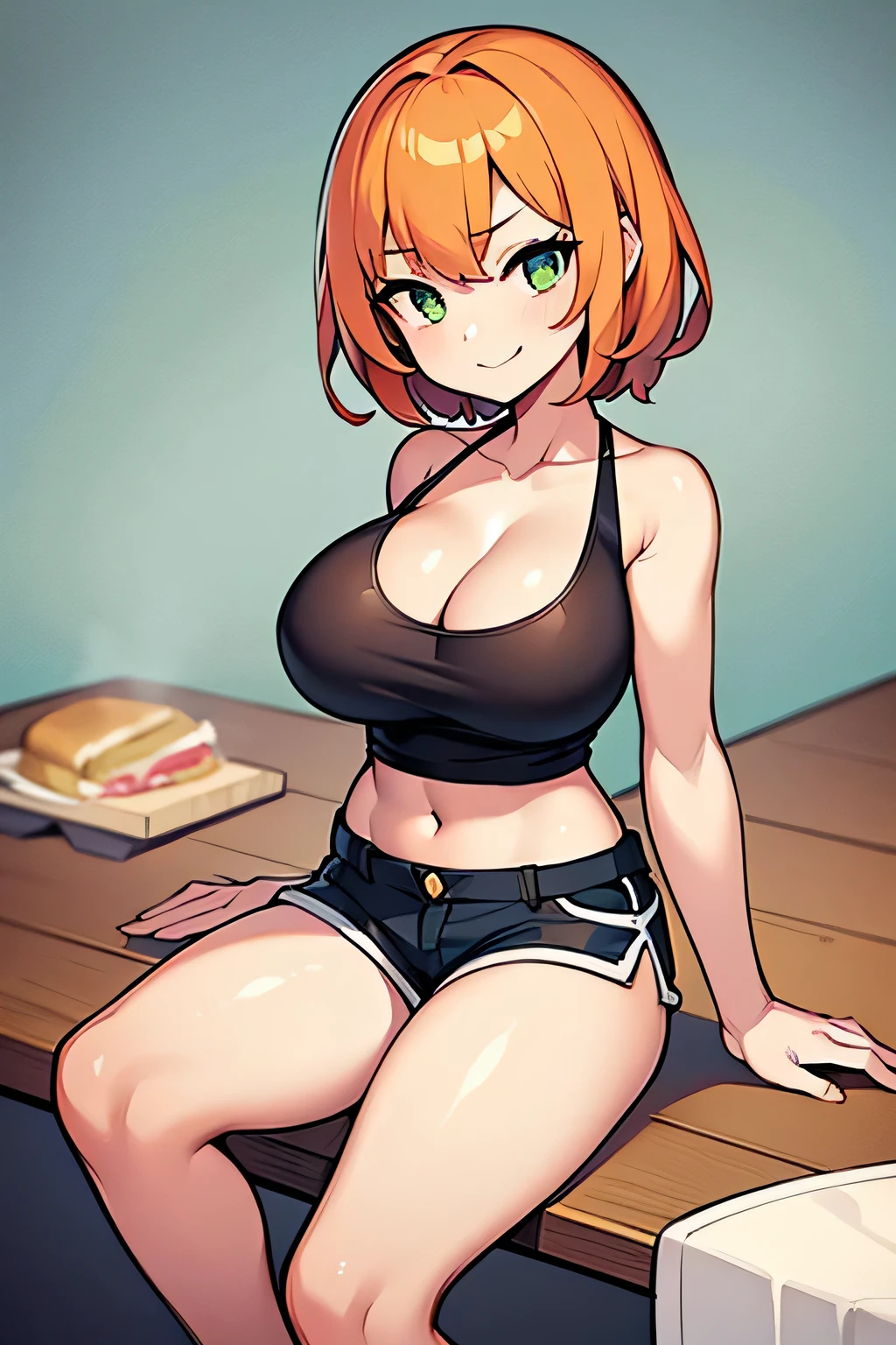 1girl, short orange hair, black-green eyes, tank top orange, blue shorts, black footwear, deep cleavage, large breasts, glowing eyes, full body, navel, muscular girl, thigh, 18th , smile, sexy, outie navel, sitting on the floor, squad, sandwich, low table, on table is sandwich, the girl is sitting at the table