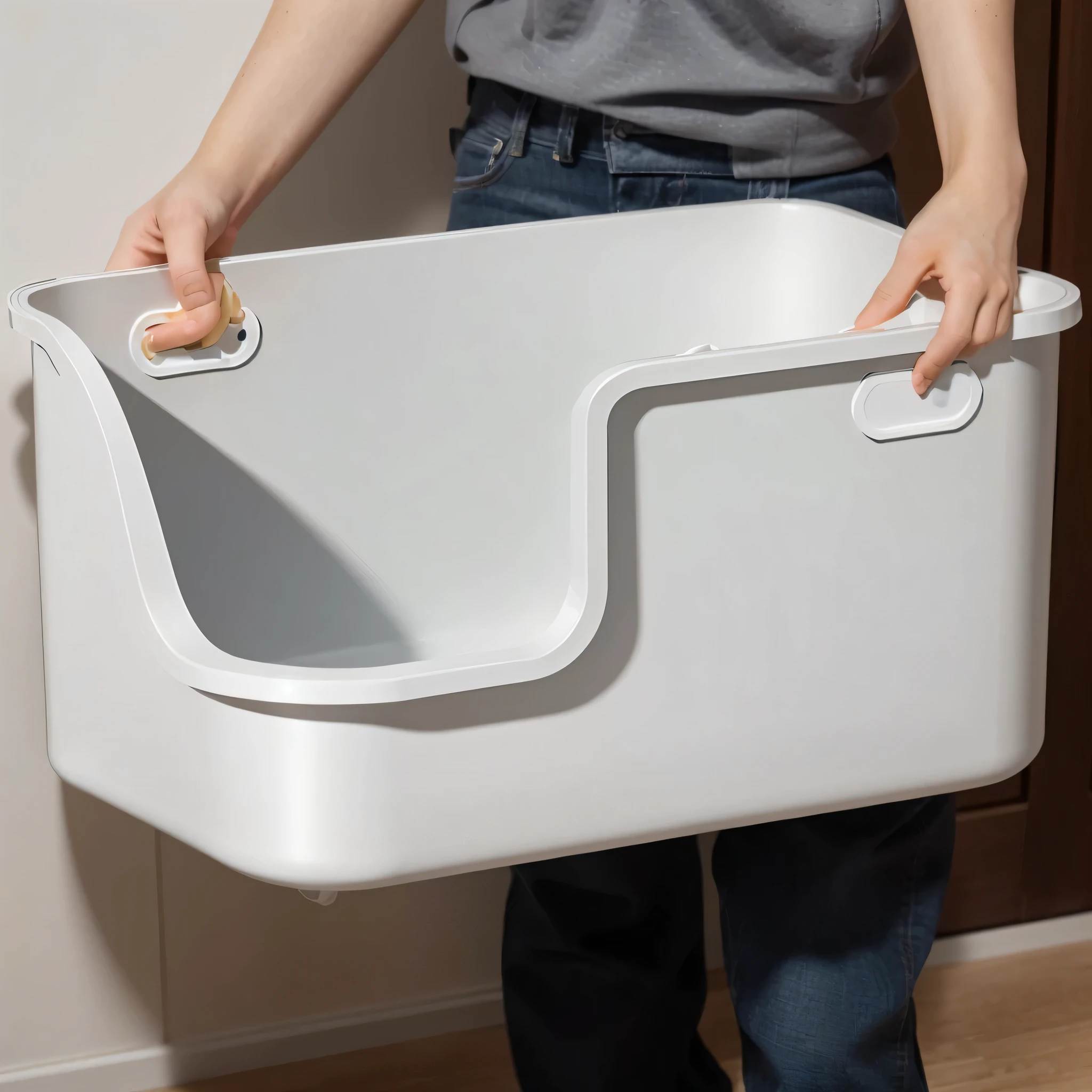 A person holds a gray cat litter box with both hands,High-end,Natural light and shadow,Hyper-realistic scenes,Product Image,High-end,Bottom Angle, Perfect details, Ease of use, Quick assembly, detailed picture, Clarity、Smooth、Clean lines, Full length view. Gray plastic, Clarity Details, Meticulous attention to detail, Clarity Details, Top angle view, Catalog Photos, Ultra-high detail
