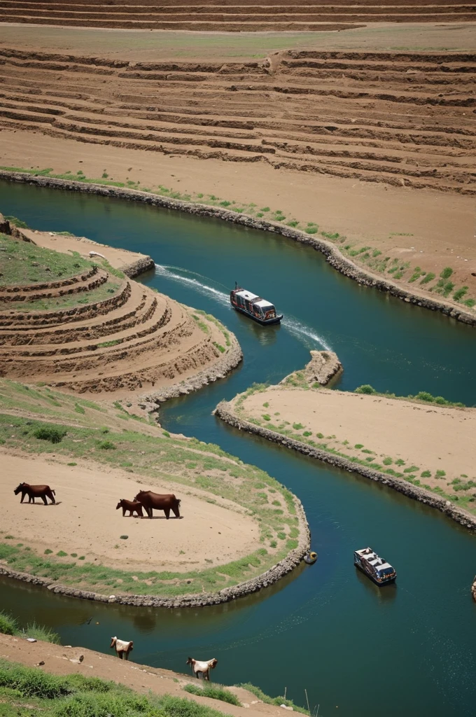 A picture people are working in hilly terrains, cattles grazing besides a river at down, picture like camera captured