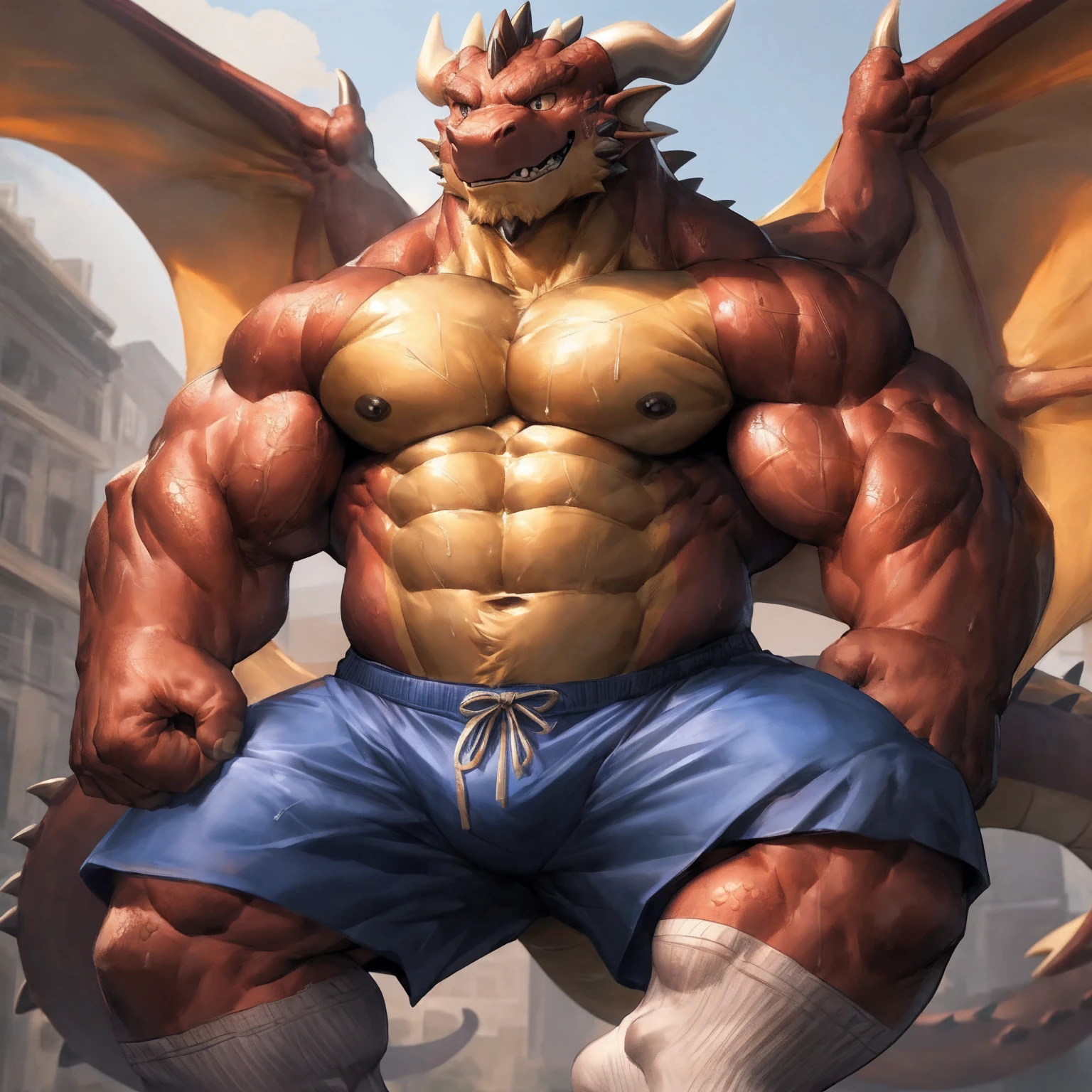 human nature, cannon, male, solitary, ((the strong，Handsome)), ((dragon) fur), Chibo，Six-pack abs，(School Background)，Blue shorts，Sweat:1.3,White Socks，high quality, (4k,high quality, high resolution, masterpiece), Front view (close up), cartoon,by lindong