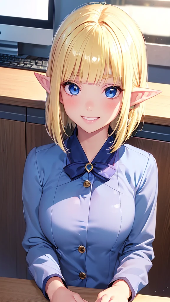 ((Very close))、((Focus on the upper body))、16k、masterpiece、High resolution、High resolution、((****ung elven female))、((Beautiful blonde))、short hair、((Beautiful Blue Eyes))、((Pointy Ears))、Smiling Kindly、Grin、blush、Pink Lip Gloss、((Shiny skin))、((Navy blue business suit))、((Business Office、desk))、look at me、