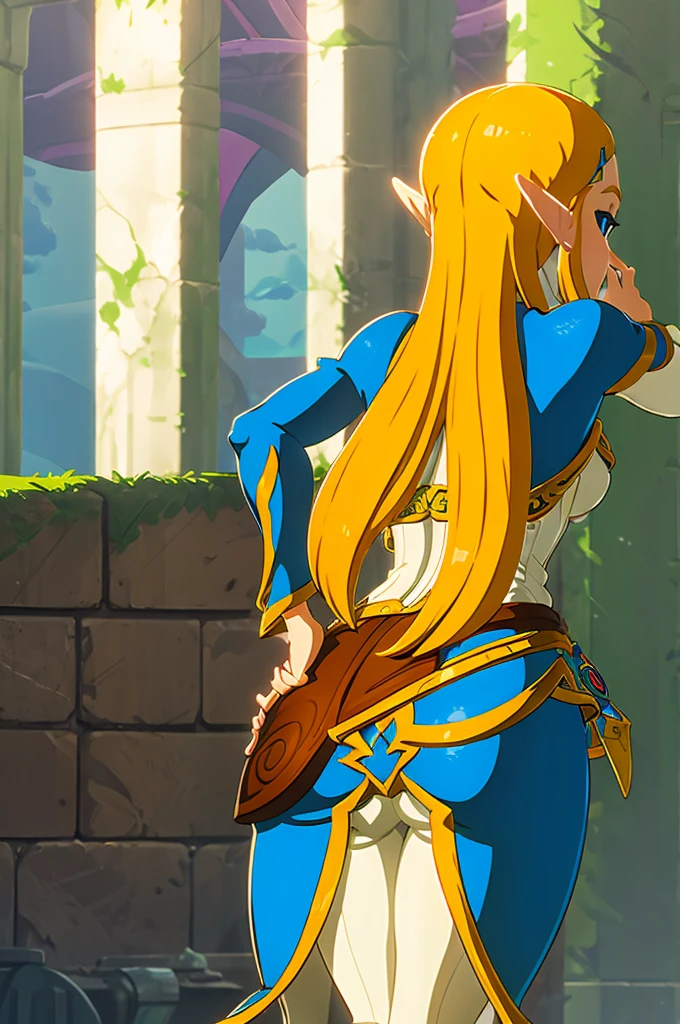 zelda, blonde hair, blue eyes, elf ears, view from behind, detailed ass