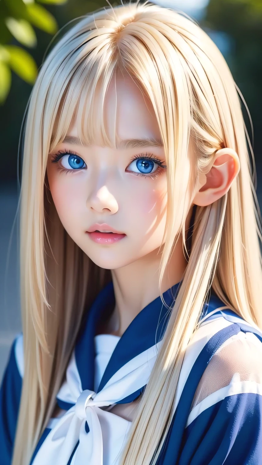 Beautiful girl with a pretty face、beautiful blonde straight super long hair、Half Body Shot、Beautiful long bangs hanging over the face、Very beautiful, bright, pale sky blue eyes、Very big eyes、Blonde hair between the eyes、Round face、Blonde hair above the eyes、片Blonde hair above the eyes、、Sailor suit、Very white and young skin、Cheek gloss、Cheek highlighter、Small Face Beauty
