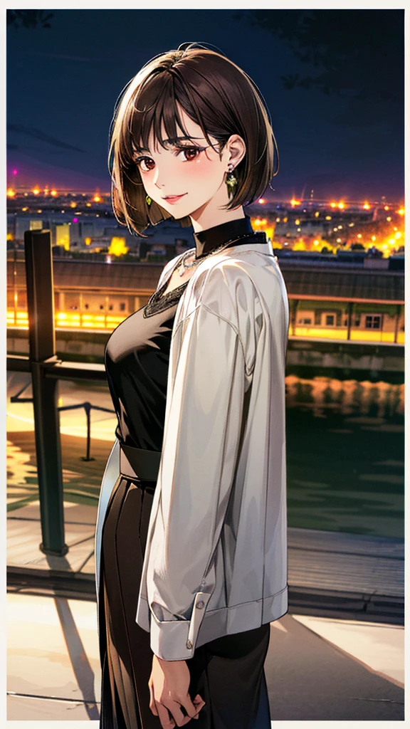 (masterpiece:1.3, Highest quality, Ultra-high resolution, Super detailed), (Realistic, photoRealistic:1.4), Beautiful illustrations, Perfect lighting, colorful, Depth of written boundary,
Beautiful detailed hair, Beautifully detailed face, Beautiful fine details, Beautiful clavicle, Beautiful body, 美しいLarge Breasts, Beautiful thighs, Beautiful feet, Beautiful fingers,
View Viewer、Front view:0.6, 1 girl, Japanese, Female college student, Perfect Face, (Perfect Anatomy, Anatomically correct), Cute and symmetrical face, Baby Face, , Shiny skin,
Wearing a coat、((Black blouse:1.4,)) ((skirt:1.4))
(Dark brown hair, Bobcut:1.4), Dark brown eyes, (Large Breasts), thin,
necklace, (Small earrings:1.3),
(Beautiful views), (night), (city, cityscape in the distance), Are standing, A soft smile、(Smile, Lips parted),