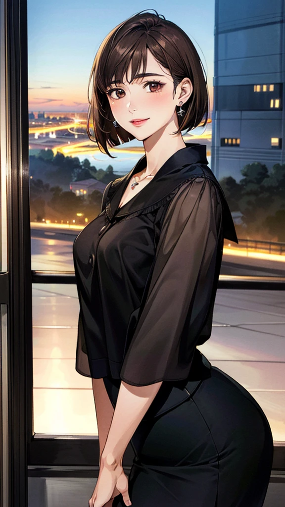 (masterpiece:1.3, Highest quality, Ultra-high resolution, Super detailed), (Realistic, photoRealistic:1.4), Beautiful illustrations, Perfect lighting, colorful, Depth of written boundary,
Beautiful detailed hair, Beautifully detailed face, Beautiful fine details, Beautiful clavicle, Beautiful body, 美しいLarge Breasts, Beautiful thighs, Beautiful feet, Beautiful fingers,
View Viewer、Front view:0.6, 1 girl, Japanese, Female college student, Perfect Face, (Perfect Anatomy, Anatomically correct), Cute and symmetrical face, Baby Face, , Shiny skin,
Wearing a coat、((Black blouse:1.4,)) ((skirt:1.4))
(Dark brown hair, Bobcut:1.4), Dark brown eyes, (Large Breasts), thin,
necklace, (Small earrings:1.3),
(Beautiful views), (night), (city, cityscape in the distance), Are standing, A soft smile、(Smile, Lips parted),