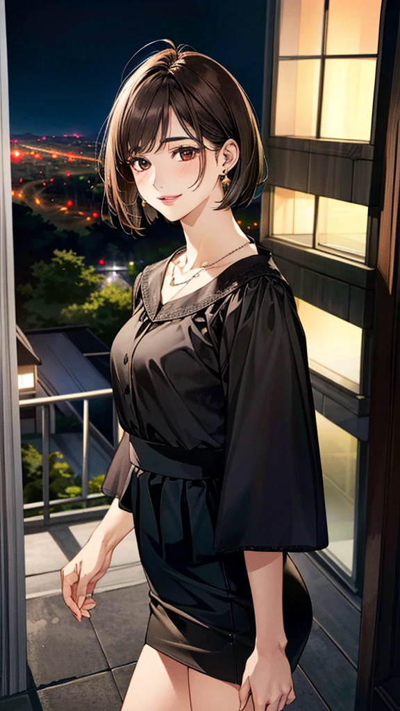 (masterpiece:1.3, Highest quality, Ultra-high resolution, Super detailed), (Realistic, photoRealistic:1.4), Beautiful illustrations, Perfect lighting, colorful, Depth of written boundary,
Beautiful detailed hair, Beautifully detailed face, Beautiful fine details, Beautiful clavicle, Beautiful body, 美しいLarge Breasts, Beautiful thighs, Beautiful feet, Beautiful fingers,
View Viewer、Front view:0.6, 1 girl, Japanese, Female college student, Perfect Face, (Perfect Anatomy, Anatomically correct), Cute and symmetrical face, Baby Face, , Shiny skin,
Wearing a coat、((Black blouse:1.4,)) ((skirt:1.4))
(Dark brown hair, Bobcut:1.4), Dark brown eyes, (Large Breasts), thin,
necklace, (Small earrings:1.3),
(Beautiful views), (night), (city, cityscape in the distance), Are standing, A soft smile、(Smile, Lips parted),