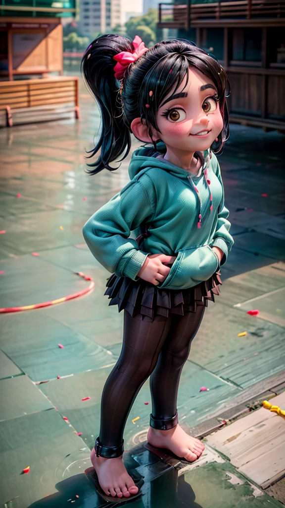 [Wreck_It_Ralph_Movie], ((masterpiece)), ((high quality)), ((HD)), ((beautiful portrait)), ((front view)), ((full body)), ((feet visible, visible feet, highly detailed feet, barefoot)), ((beautiful background)), {vanellope von schweetz, black hair, red scrunchy, short ponytail, (candy in hair:1.2), (cute half-closed brown eyes), adult woman, beautiful legs, curvy hips, side-boobs, smug smirk, white teeth}, {(aqua sweatshirt), (brown tuffled skirt), (aqua striped pantyhose)}, {(standing on raceway), (hands in pockets), (looking at viewer)}, [Background: (racetrack), (confetti), (blue sky), (bright sun), (sun rays)]